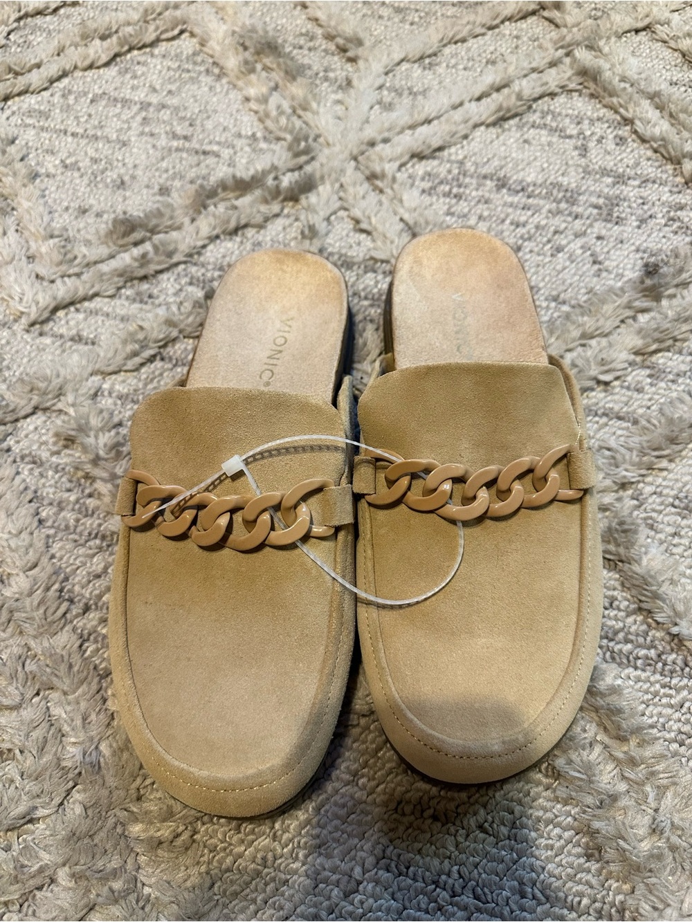 Vionic Beige Suede Chain-Trim Slip-On Mules
